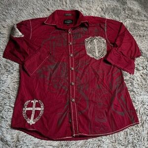 Montero Jeans Shirt Mens Small Button Down Cross Embellished Red Gray Dress